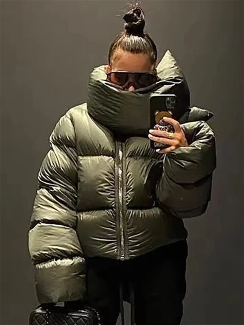Women Winter Casual Warm Cotton Padded Coat Fashion Zipper Scarf Collar Short Puffer Jacket Ladies Green Parkas Streetwear Femal