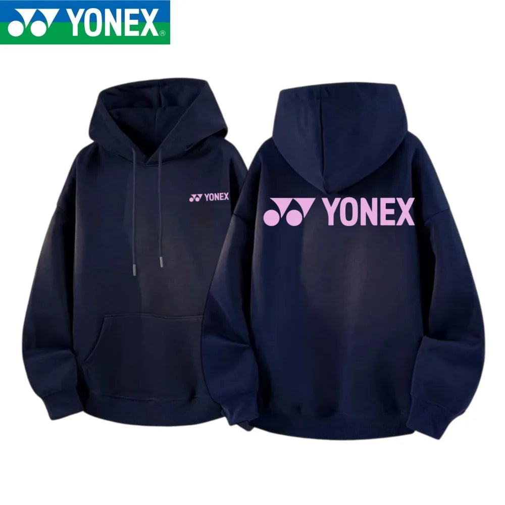 YONEX 2026 cotton hooded jacket with multi-color logos printed on the front and back, suitable for outdoor sports such as badmin