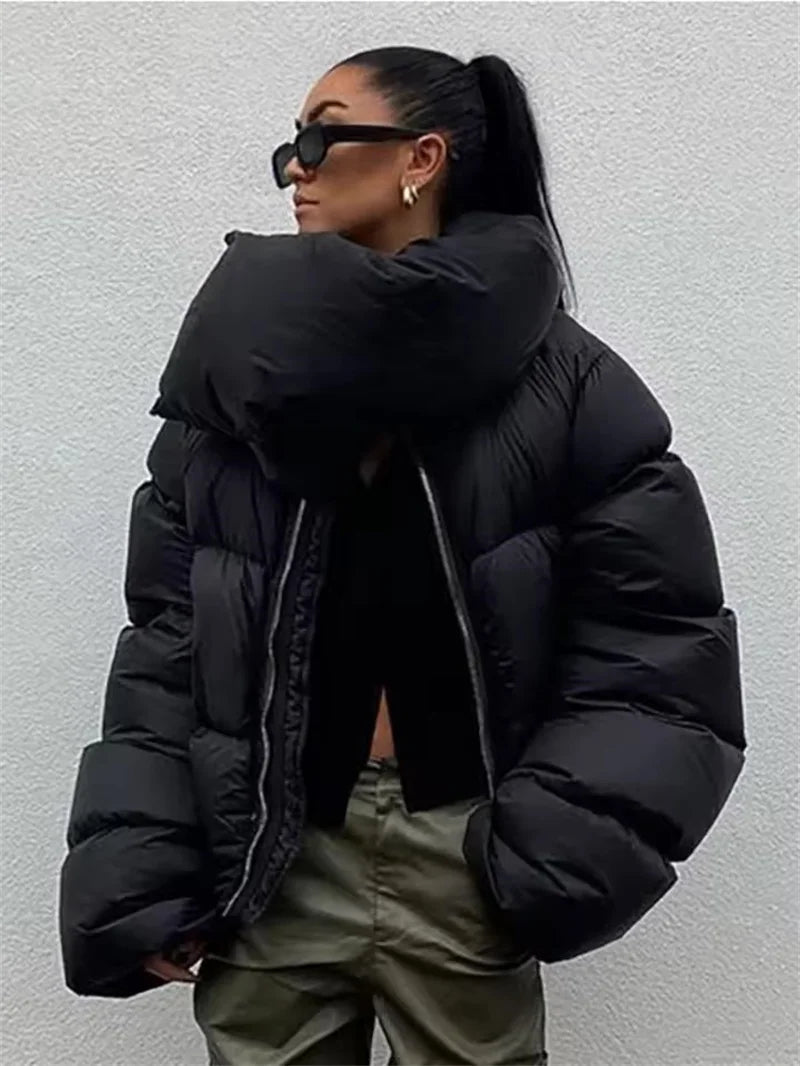 Women Winter Casual Warm Cotton Padded Coat Fashion Zipper Scarf Collar Short Puffer Jacket Ladies Green Parkas Streetwear Femal