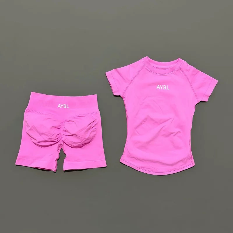 2 Pieces Sports Sets Short Sleeve Sculpt T Shirt Seamless Yoga Top Fitness Set Women Workout Running Sports Shorts Gym Suit - ATFH