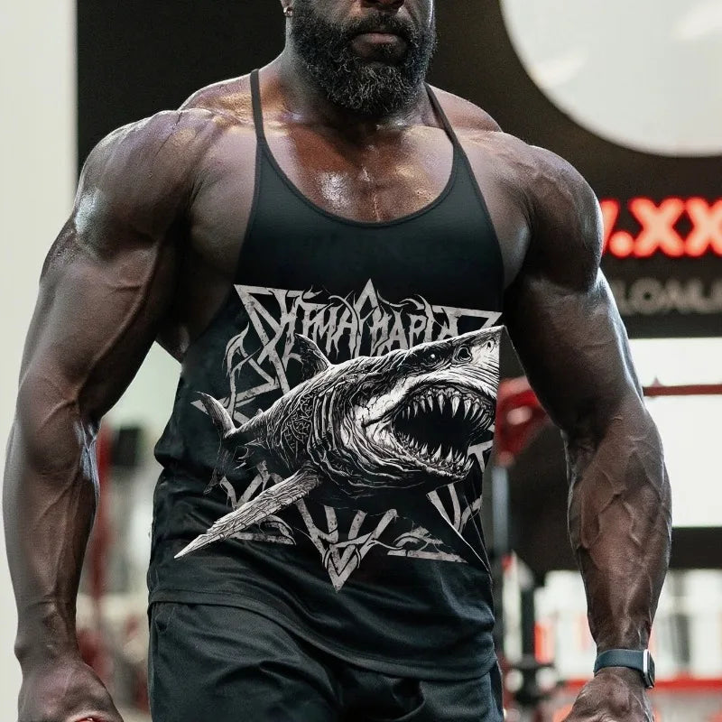 Men's Gym Shark Graphic Stringer Tank Top, Heavy Metal Style Print, Bodybuilding Gym Vest, Summer Casual Sleeveless Shirt