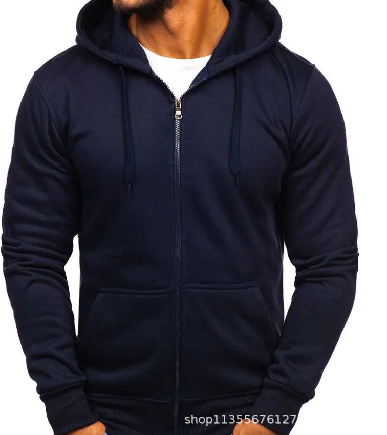 Men's Solid Color Hooded Hoodie Zip Up Cardigan Sweatshirt Casual Streetwear Tracksuit for Spring Autumn Male - ATFH