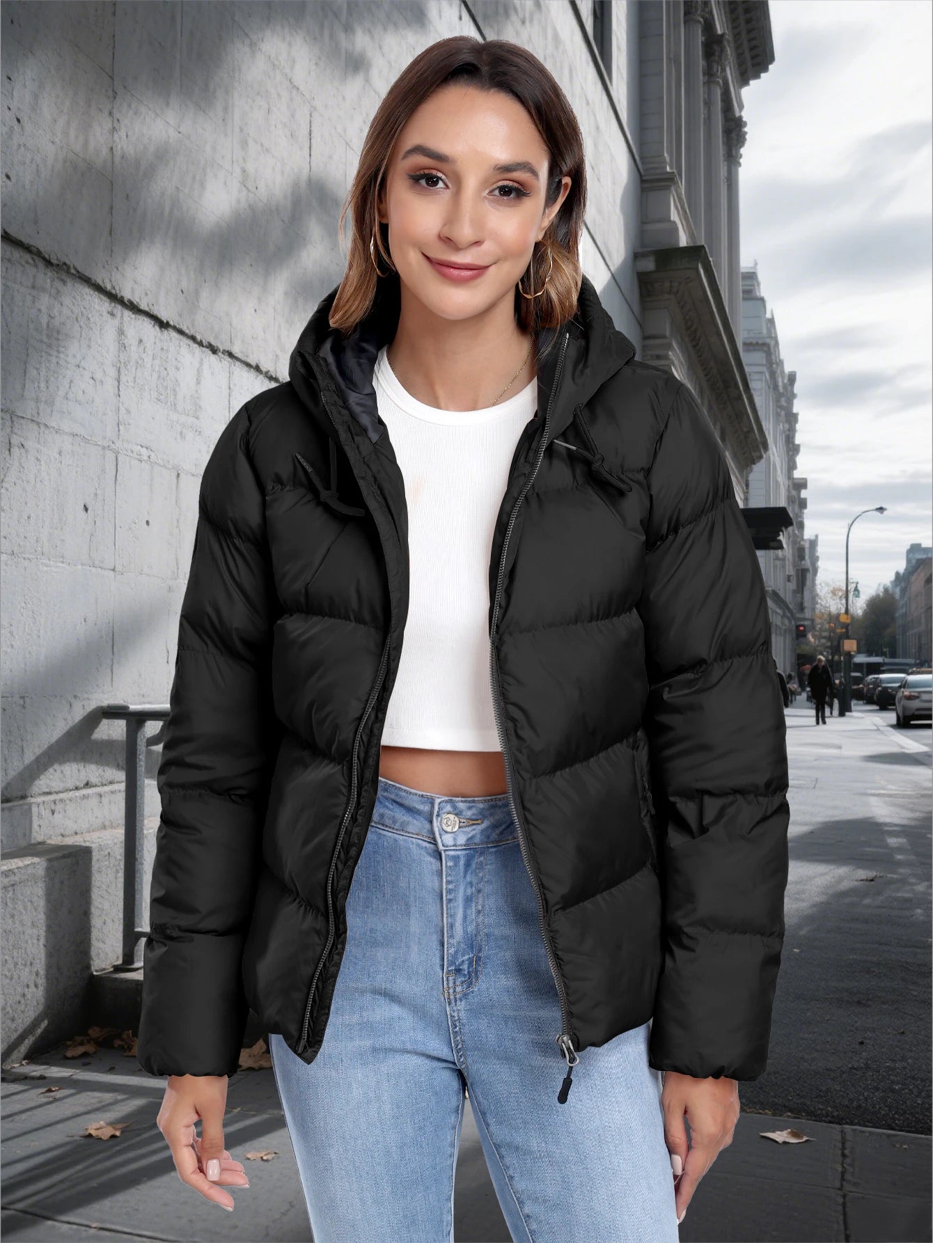 Women Lightweight Jacket Hooded Coat Zipper Pocket Fashion Casual Warm Coat with a Hat Autumn Winter Coat
