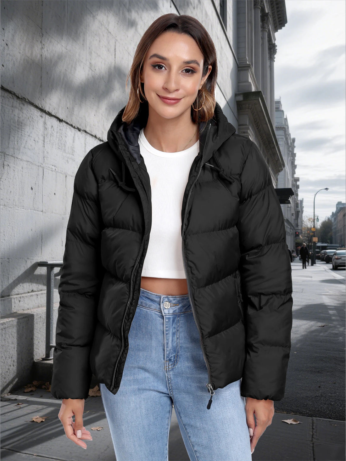 Women Lightweight Jacket Hooded Coat Zipper Pocket Fashion Casual Warm Coat with a Hat Autumn Winter Coat
