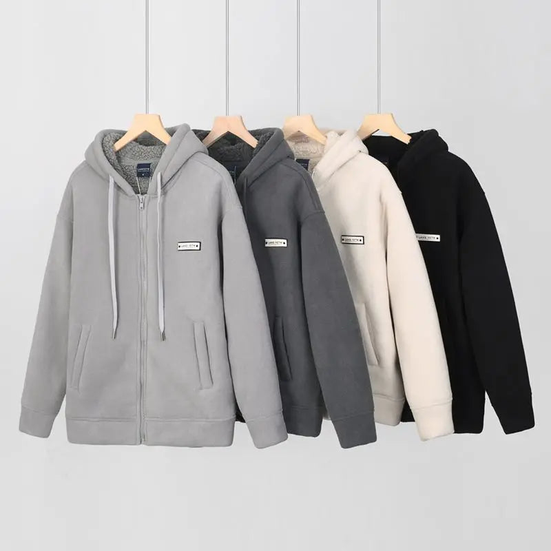 New Men's Warm Fleece Hoodie Winter Full-Zip Loose Fit Oversize Sweatshirt Coat Casual Thickened Coldproof Hooded Cardigan - ATFH