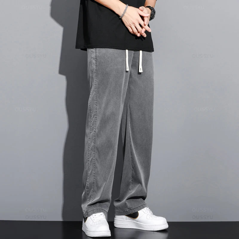 Summer Soft Lyocell Fabric Men's Jeans Thin Loose Straight Pants Drawstring Elastic Waist Korea Casual Trousers Plus Size M-5XL ATFH