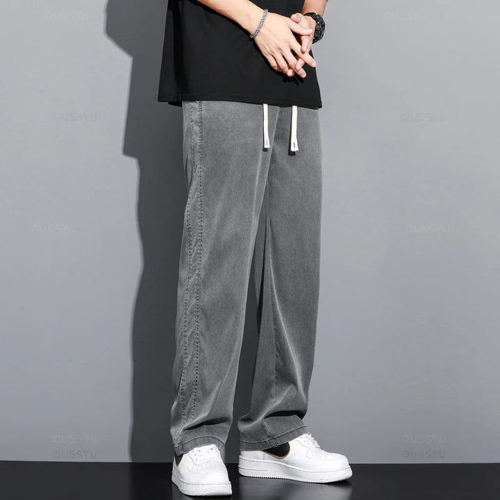 Summer Soft Lyocell Fabric Men's Jeans Thin Loose Straight Pants Drawstring Elastic Waist Korea Casual Trousers Plus Size M-5XL ATFH