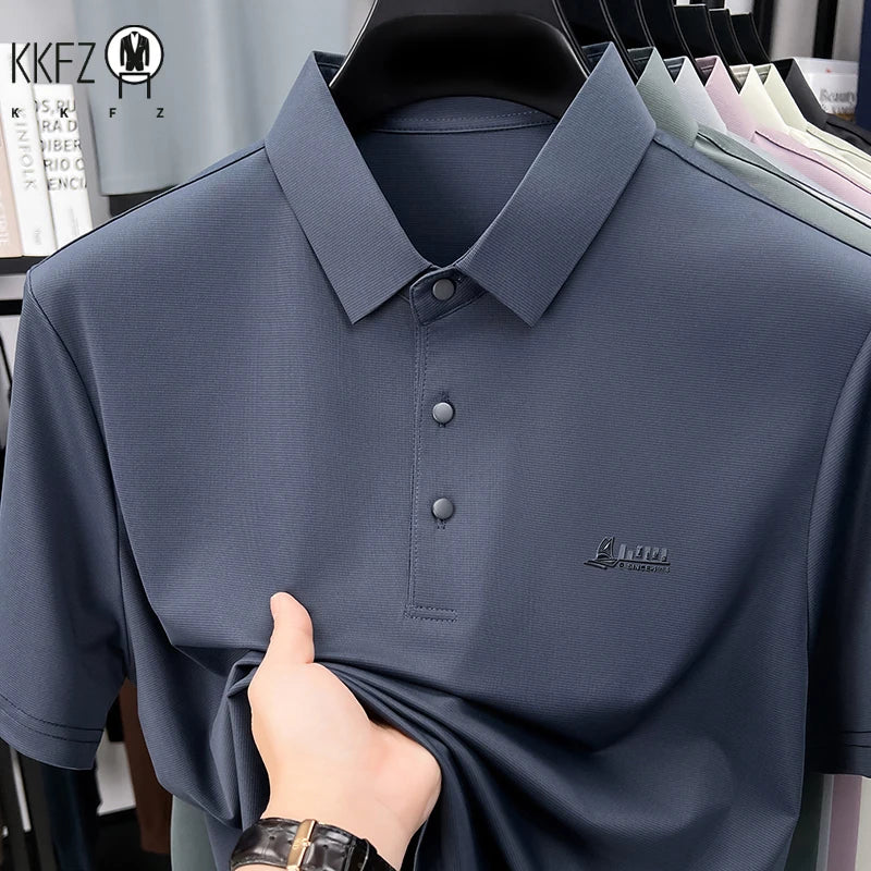 Men's Casual Polo T Shirt Short Sleeve Elastic Breathable Tops For Business Office Daily Wear Summer Lightweight Blouse