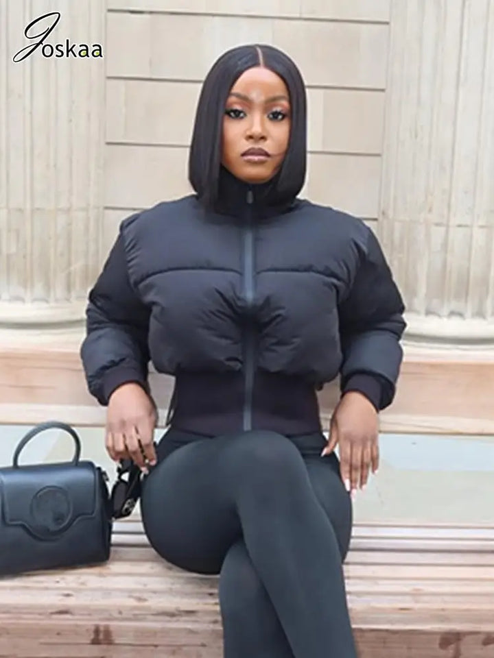 Joskaa 2025 Winter Women's Black Puffer Jacket Fashion Stand Collar Long Sleeve Zip Cotton Padding Coat Outerwear Streetwear