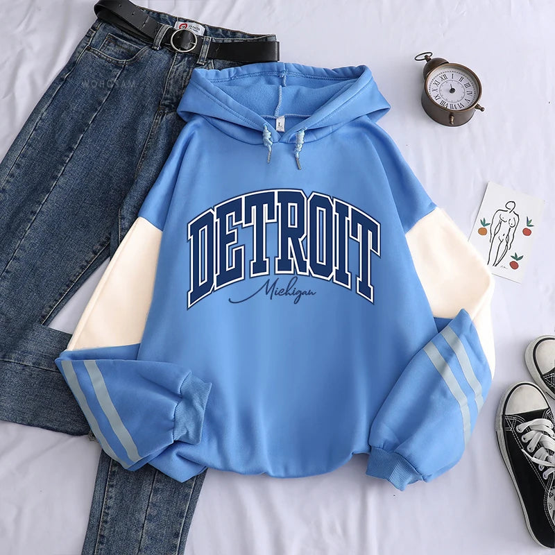 American Retro DETROIT Letter Print Hoodies For Men Women Harajuku Pullover Clothes Hip Hop Y2k Long Sleeve Pullover Sweatshirts - ATFH