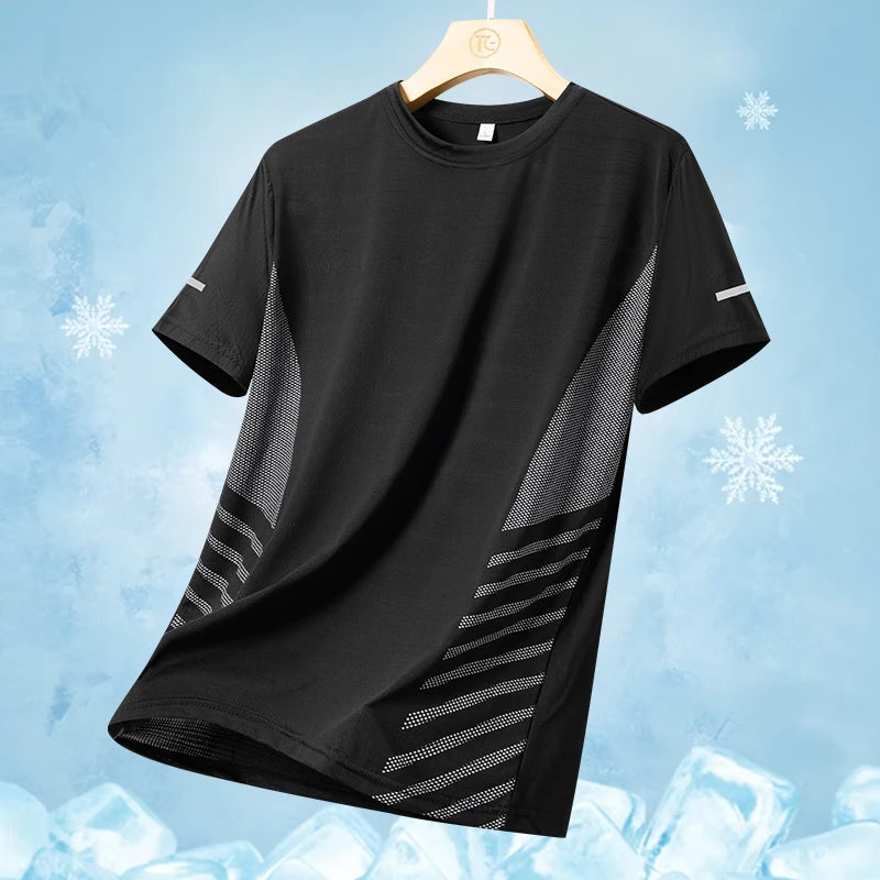 Running T-shirt Men Summer Ice Silk Thin Top Reflective Printing Quick Dry Short Sleeve Breathable Fitness Sports T-shirt 5XL ATFH