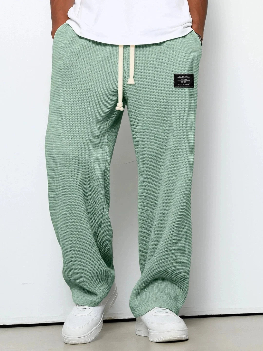 Men's spring-summer trendy brand loose-fitting stretchy straight-leg sweatpants. Waffle fabric. Micro-bouncy sporty casual pants