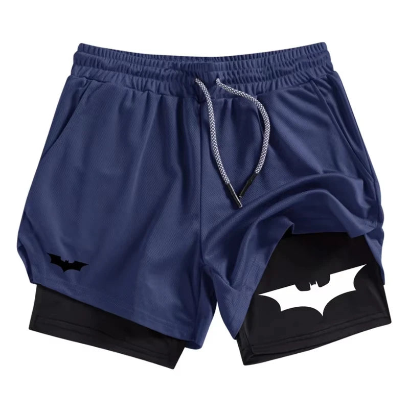Men's Bat Print 2-in-1 Performance Shorts, Breathable Quick Drying Sports Shorts with Phone Pocket, Gym, Training, Running,