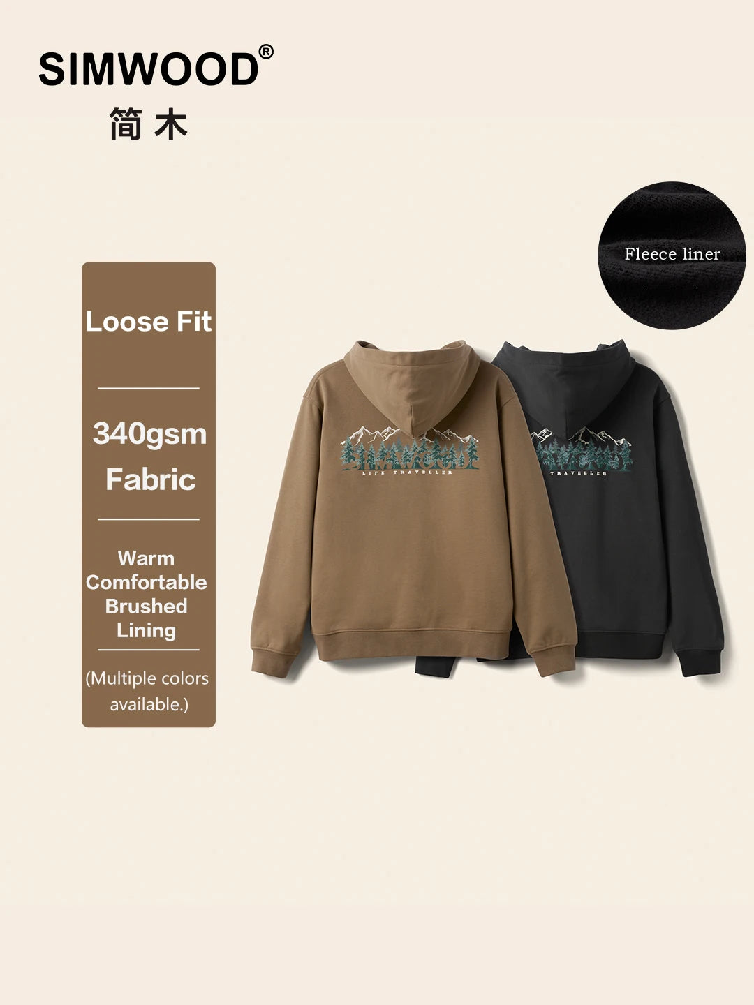SIMWOOD 2026 Spring New Oversize Back Moutain Print Hoodies Men 340gsm Warm Brushed Lining Fabric Sweatshirts - ATFH