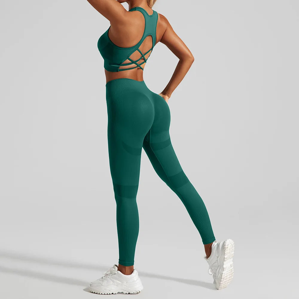Seamless Yoga Set Two Piece Set Womens Outifits Workout Gym Set Fitness Clothing Tracksuit Backless Crop Top Leggings Sport Suit - ATFH