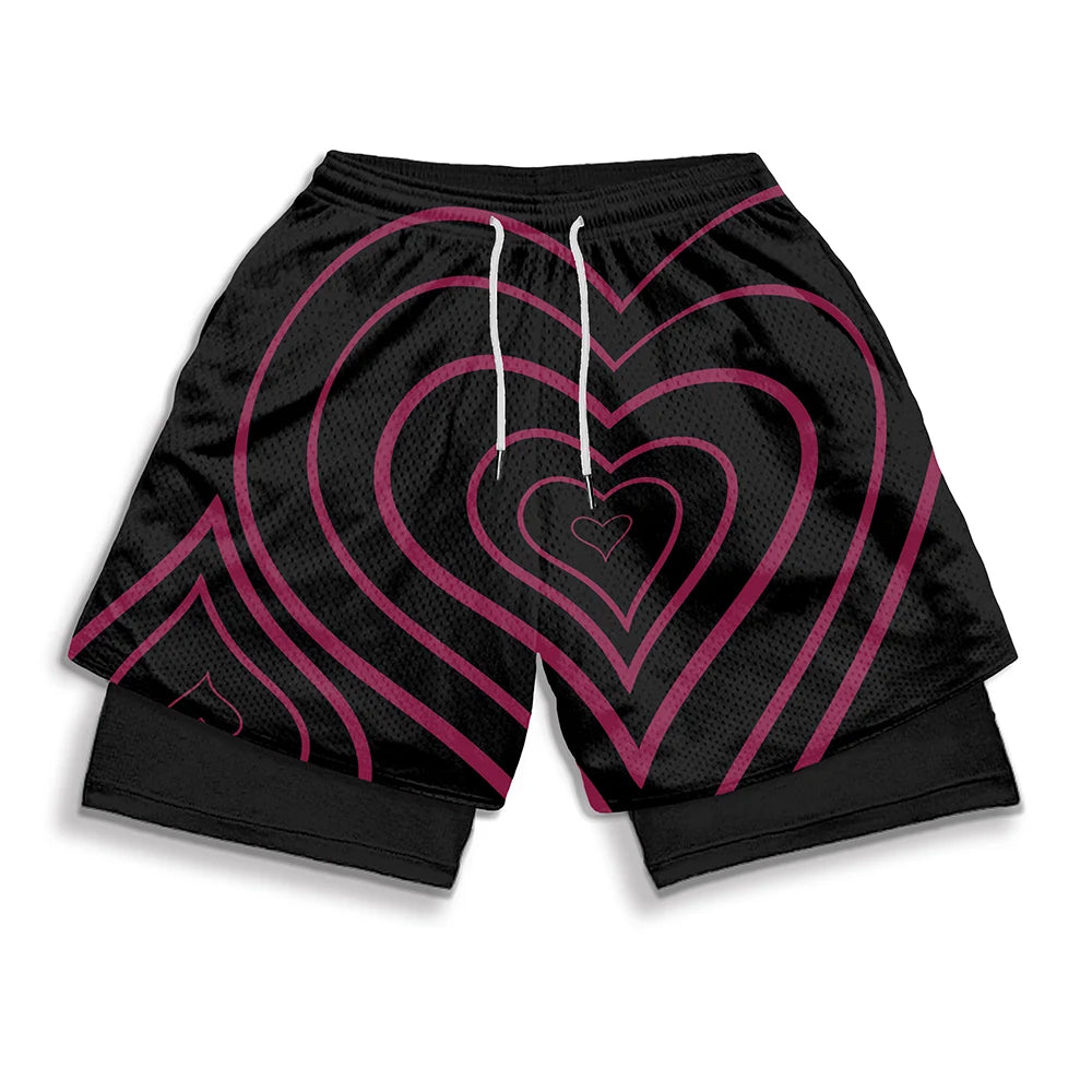 3D Print 2 in 1 Running Workout Shorts for Men Gym Compression Shorts with Side Pockets Summer Athletic Quick Dry Activewear