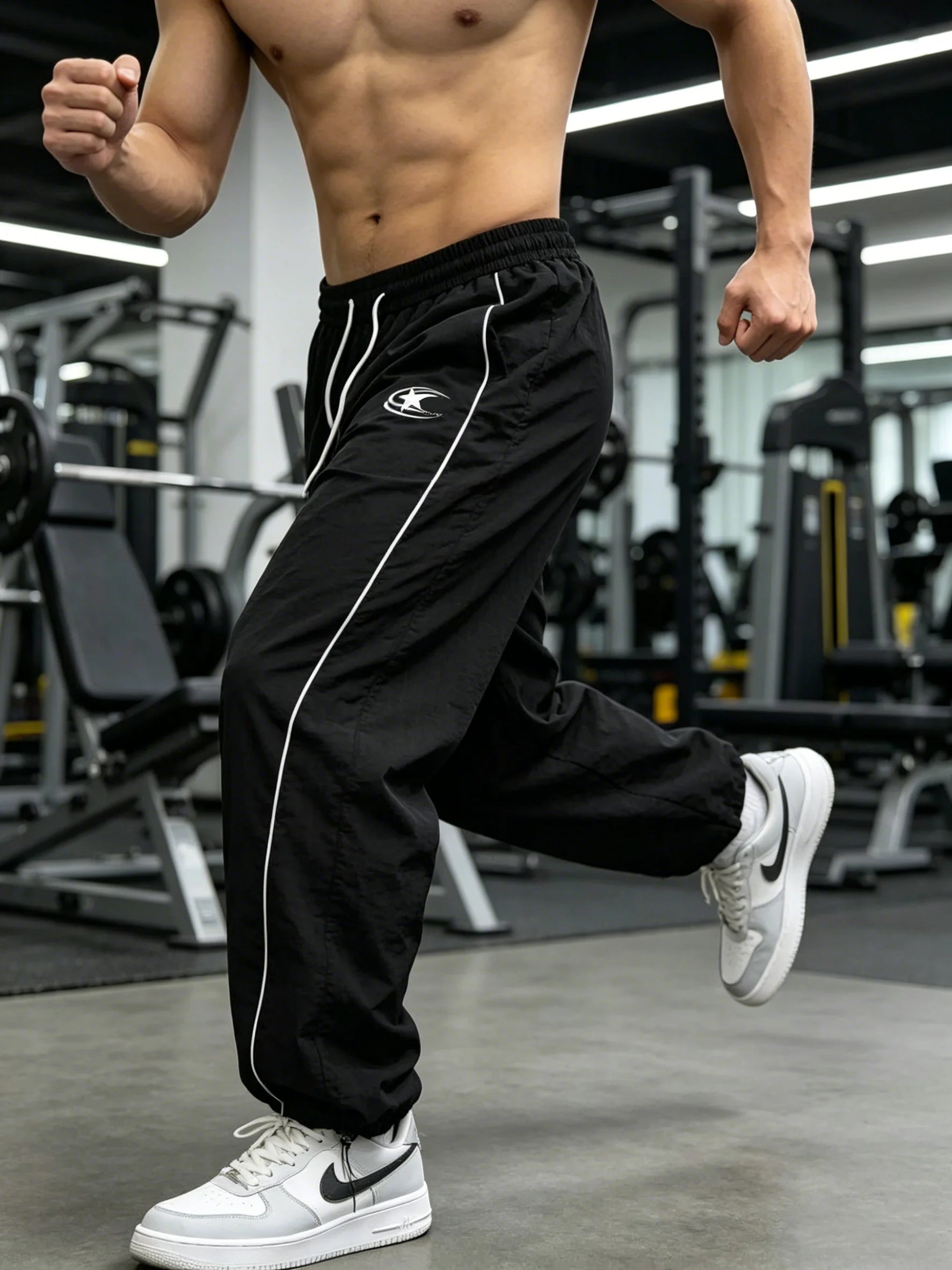 Men's Lightweight Star Logo Drawstring Joggers Baggy Track Pants Casual Sports Gym Streetwear Trousers for Spring Summer - ATFH