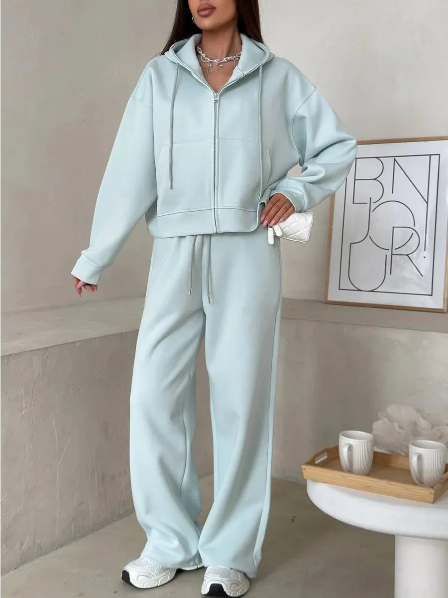 Cotton Hoodies Sweatshirt Two-piece Suit Women Casual Sports Sets Autumn Zip-up Short Coat Straight Trousers Loose 2-piece Sets