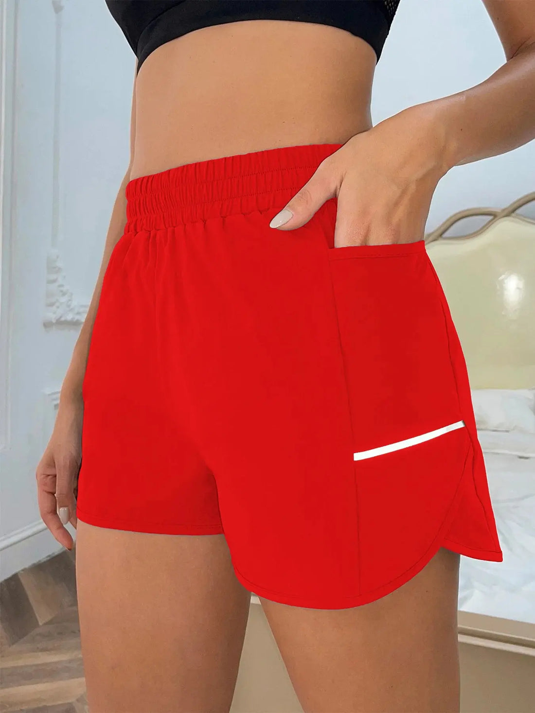 Women's new shorts with mobile phone pocket, elastic waist, sports belt, reflective strips, casual fashion sports shorts Tahsi Fashion House