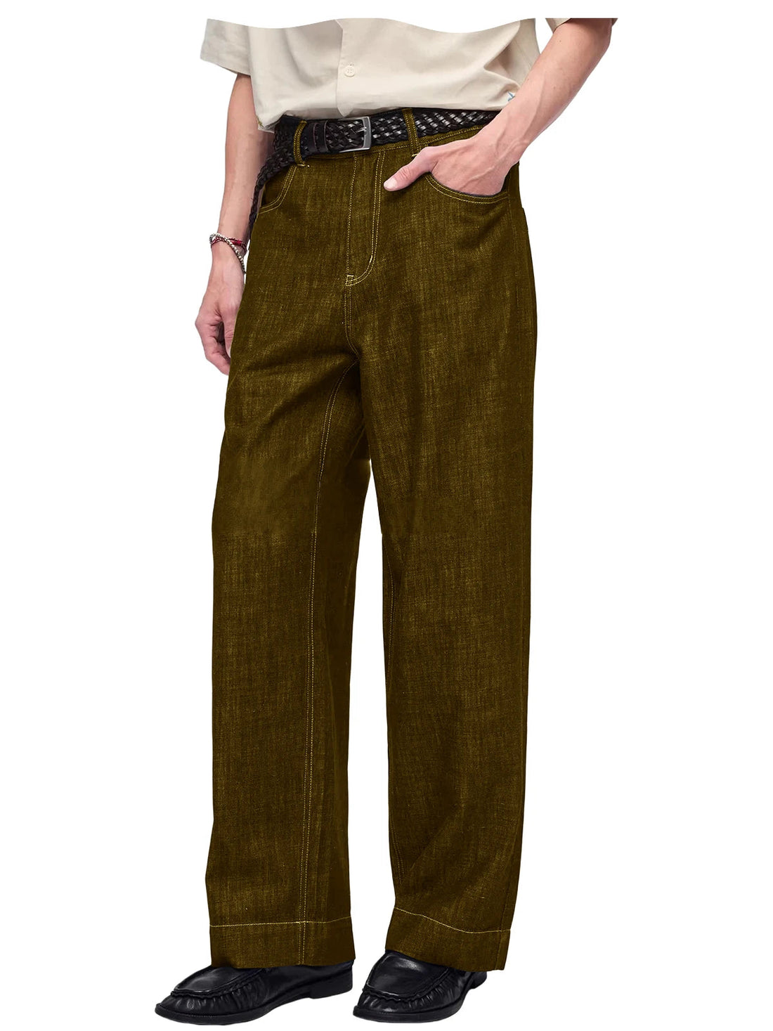 Retro Men's High Waist Wide Leg Jeans Loose Fit Denim Pants Breathable Casual Stretchy Heavyweight Cotton Y2K Baggy Trousers ATFH