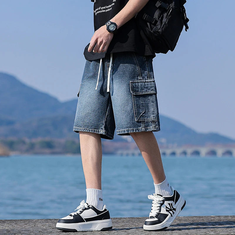 Vintage Blue Men's Denim Shorts Summer New Large Pocket Loose Wide Leg Cargo Jeans Knee Length Elastic Waist Casual Shorts ATFH