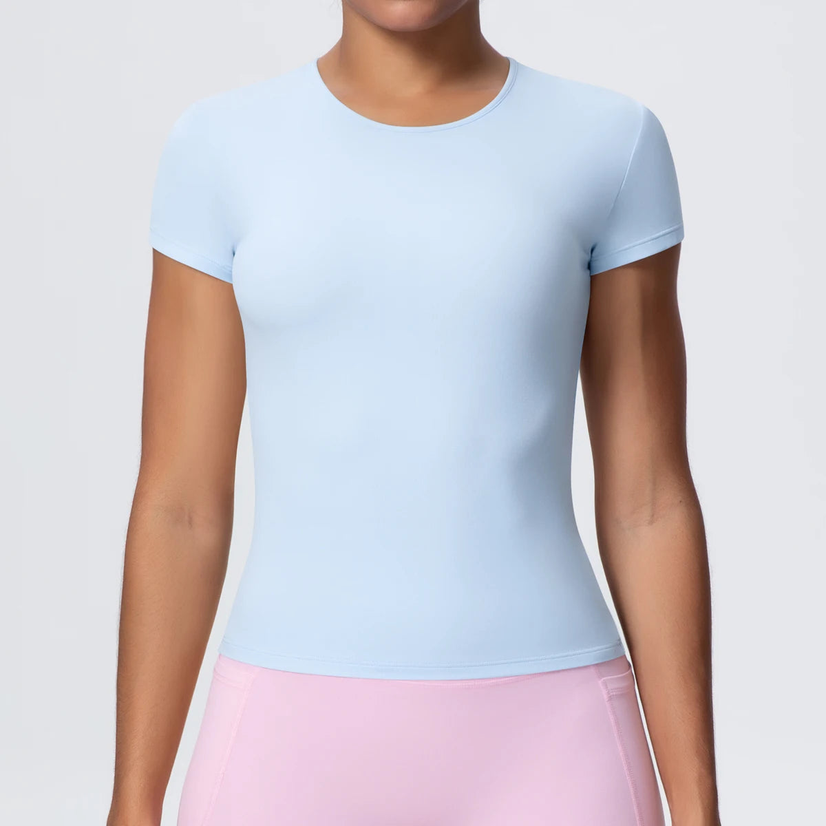 Woman Solid Color Workout Top T-Shirt Quick Drying Breathable Short Sleeve Gym Sports Running Slim Casual Yoga Top Clothing - ATFH