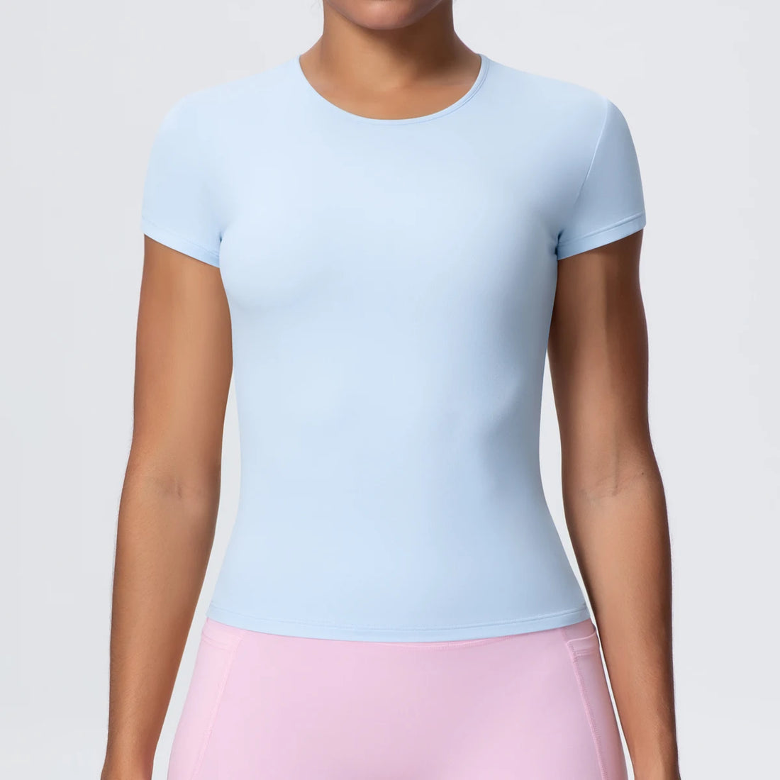 Woman Solid Color Workout Top T-Shirt Quick Drying Breathable Short Sleeve Gym Sports Running Slim Casual Yoga Top Clothing - ATFH