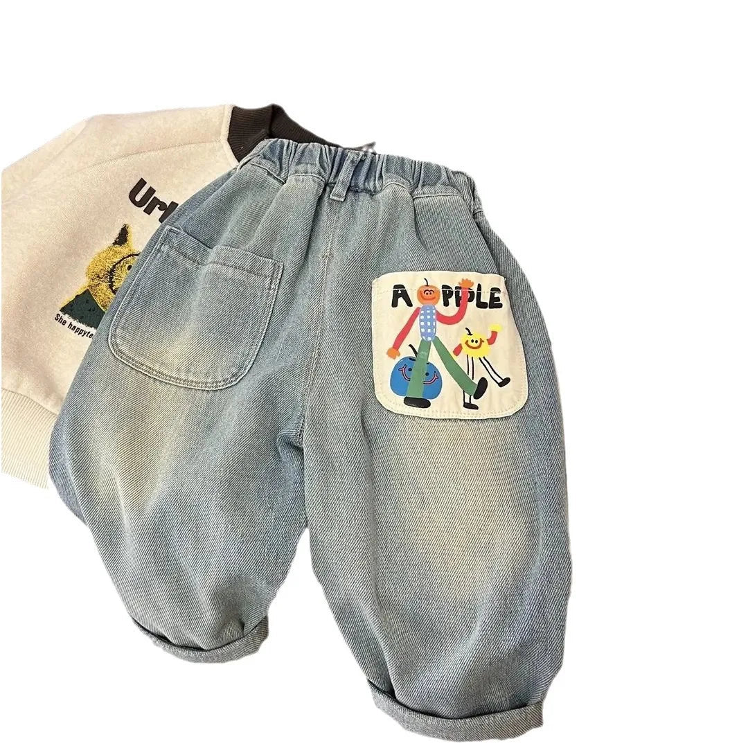 Spring Autumn Toddler Boys Denim Pants Cotton Animepattern Babys Boys Jeans Casual Loose Elastic Waist Trousers For Children Boy ATFH