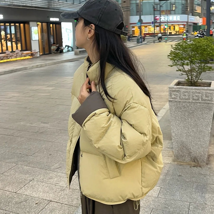 Trendy Winter Warm Jacket Women's Patchwork Short Coat Parkas Luxury Design Clothing Long Sleeve Zipper Outerwear Puffer Jacket ATFH