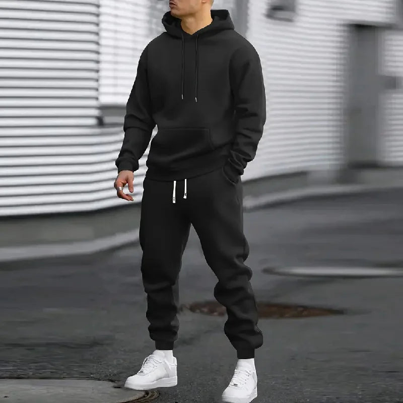 Spring and Autumn Set Men's Casual Sports Fashion Trend Comfortable Simple Running Set Solid Color Hoodie and Pants - ATFH