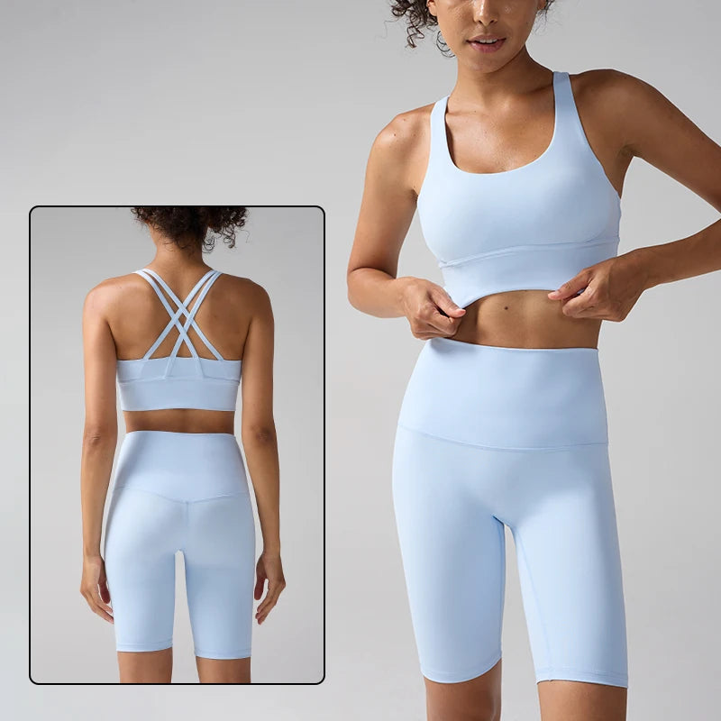 Women's 2 Piece Yoga Gym Sports Clothes Set Cross Back Bra Top with High Waist Shorts Fitness Running Workout Tracksuit - ATFH