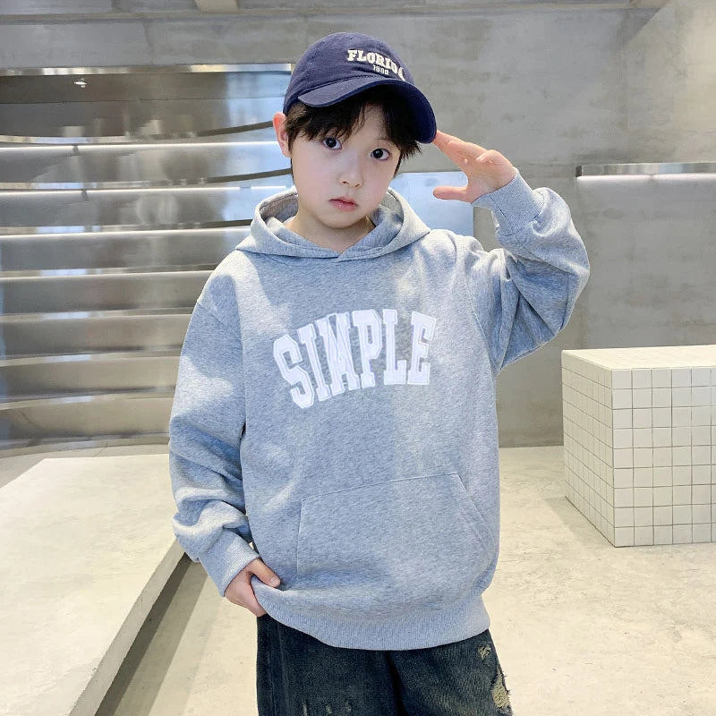 Children Retro Design Hoodie Letter Print Boy Casual Hooded Coat Streetwear Kids Teenager Autumn Harajuku Sweatshirt 7 To 16 Y - ATFH