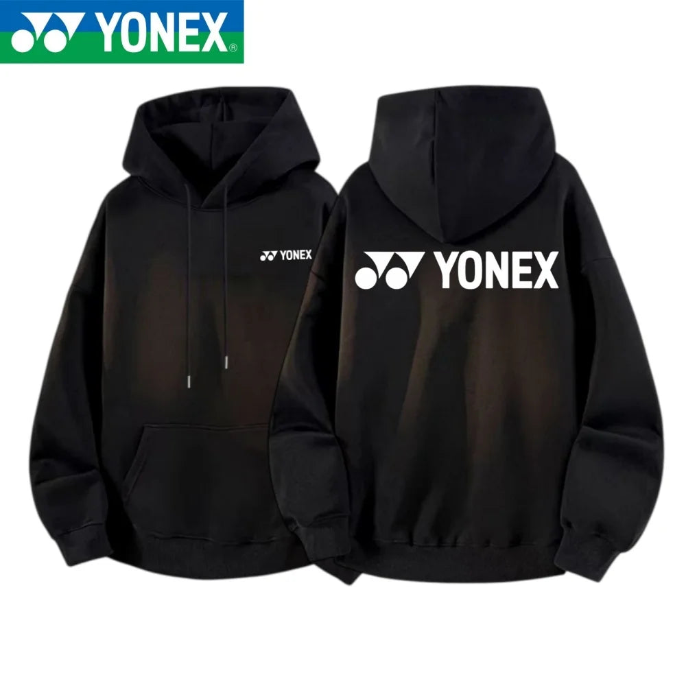 YONEX 2026 cotton hooded jacket with multi-color logos printed on the front and back, suitable for outdoor sports such as badmin