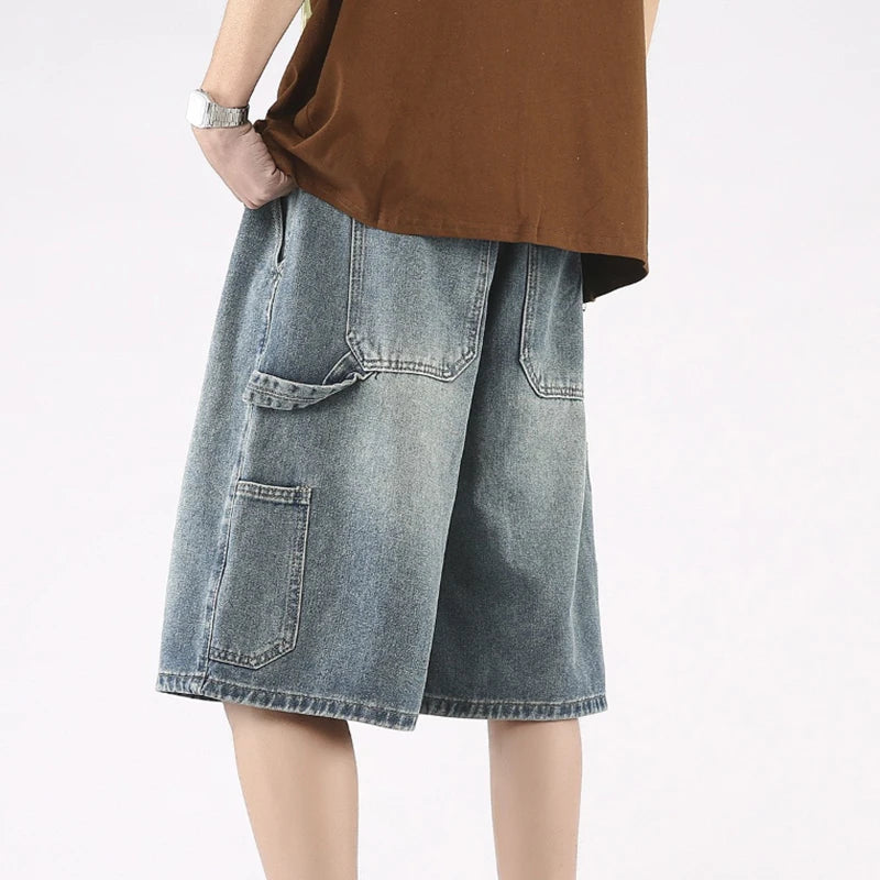 2026 Men's American Retro Carpenter Denim Shorts Summer Washed Casual Drawstring Loose Fit Cargo Jeans ATFH