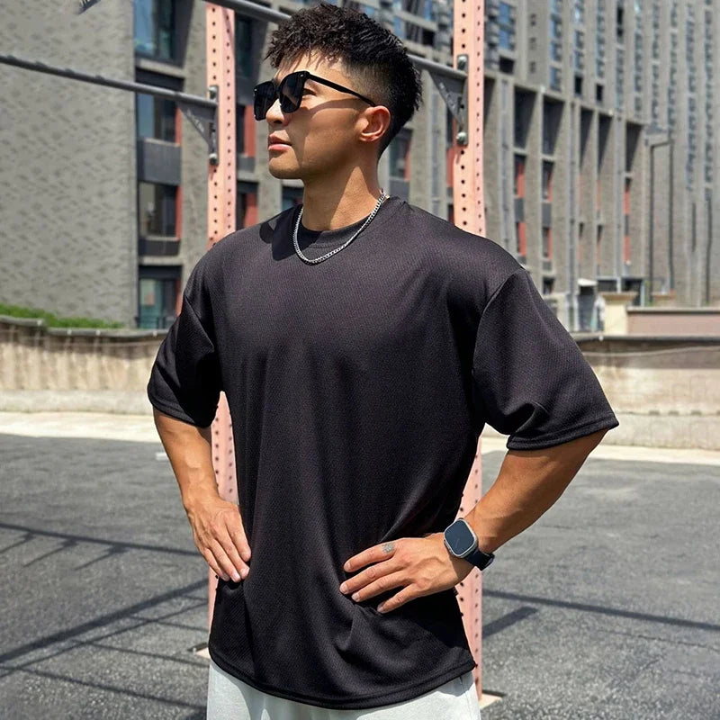 Oversized Loose Men's Running Sport T-Shirt Gym Bodybuilding Fitness Training Clothing Summer Mesh Short Sleeves Quick Dry Shirt ATFH