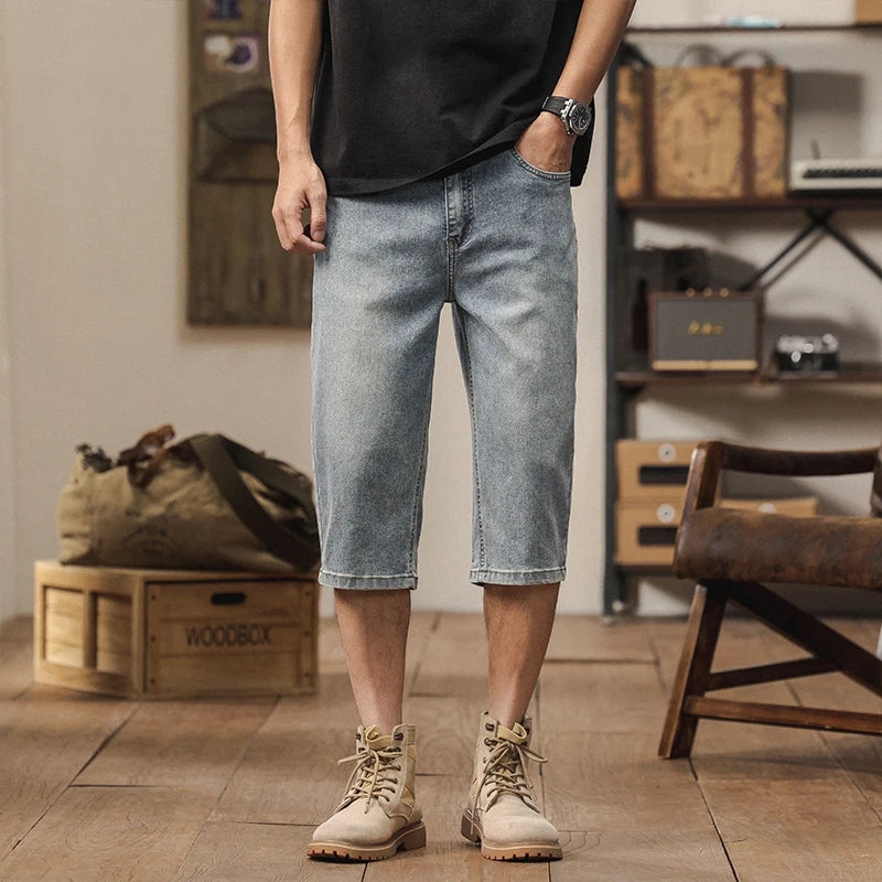 2025 New American retro cropped men wide leg jeans Y2k Gothic washed loose straight casual couple shorts sweatpants ATFH