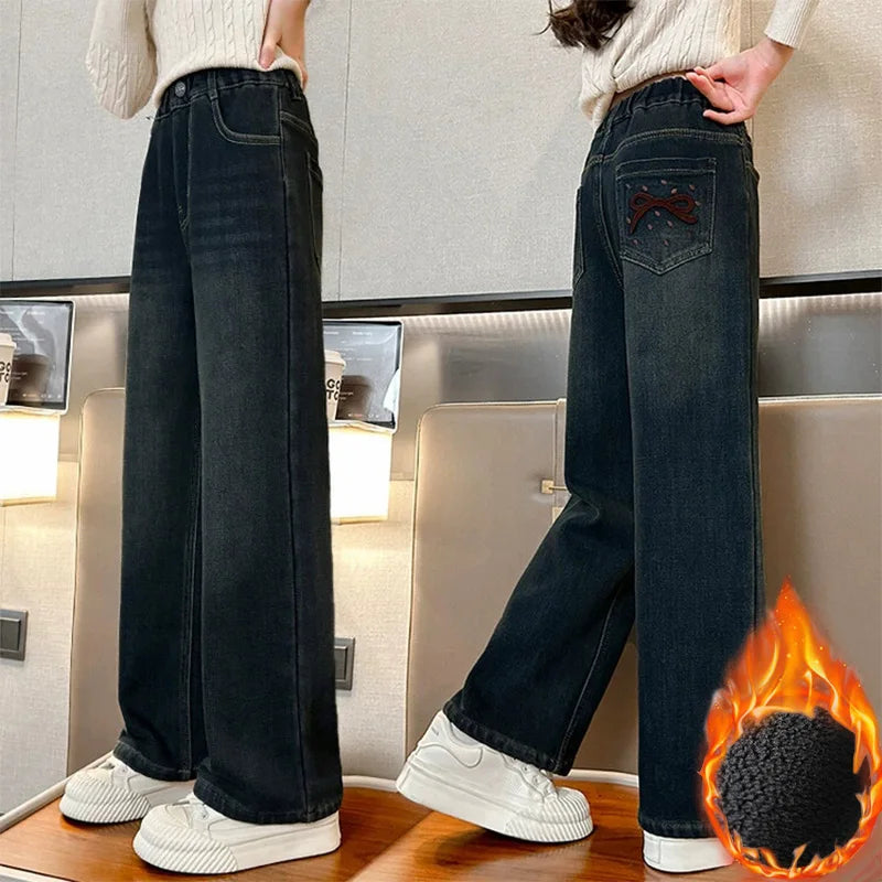 Girls Autumn Winter Plush Warm Denim Straight-leg Pants 5-14 Years Kids Fashion Bowknot Embroidery Jeans Casual Loose Sweatpants ATFH