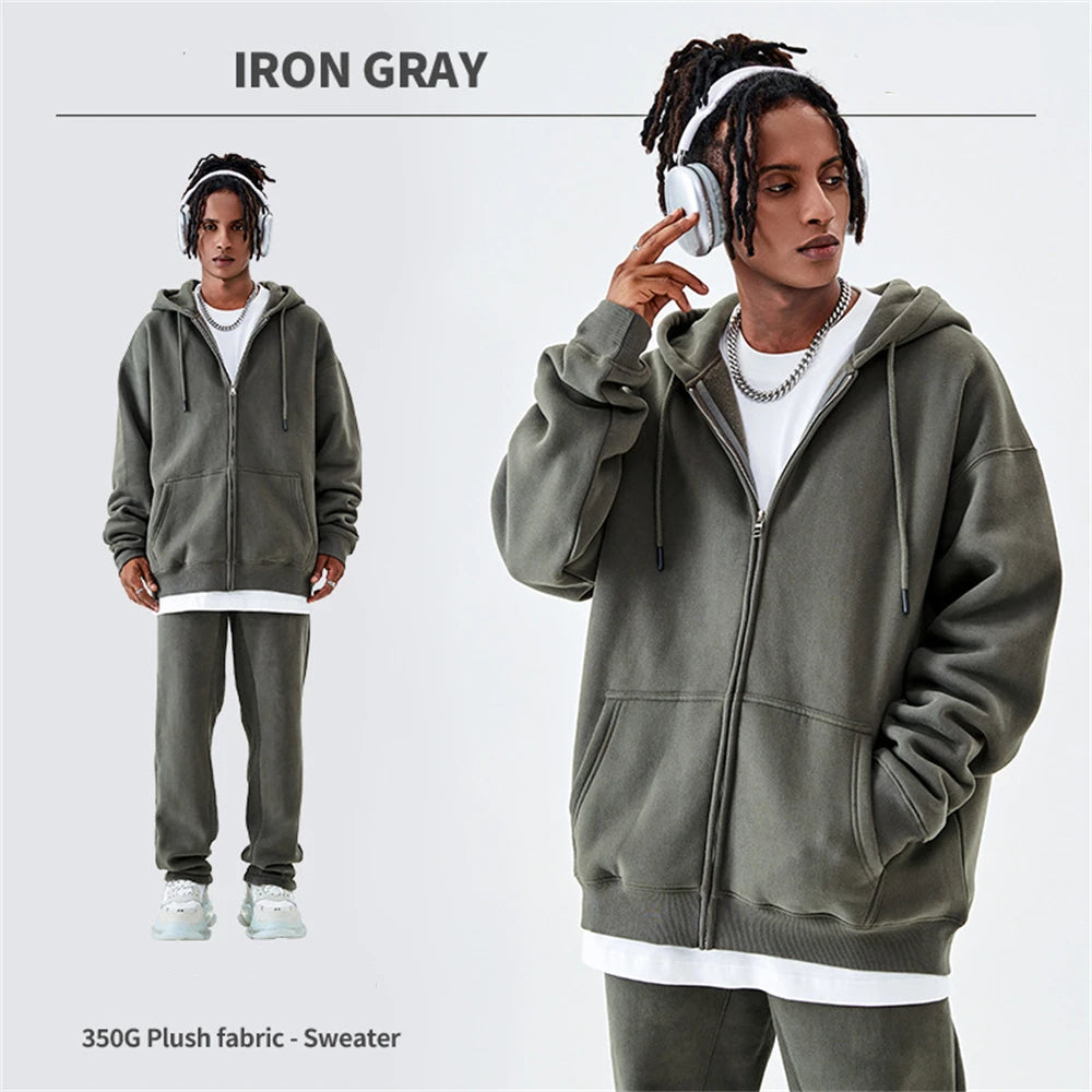 ZODF Basic Winter Men Fleece Zipper Hoodies Unisex Casual Loose 350gsm Warm Solid Hooded Sweatshirts Coats 18 Colors HY0726 - ATFH