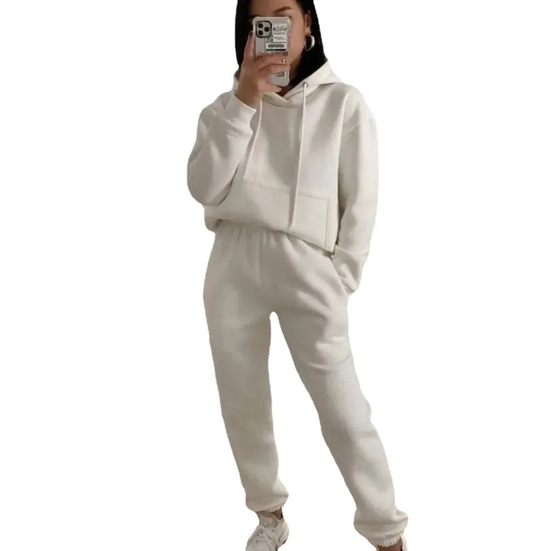 Women's Hooded Long Sleeved Pocket Sweatshirt Solid Color Sports Set Two-piece Set 2024 Autumn/winter