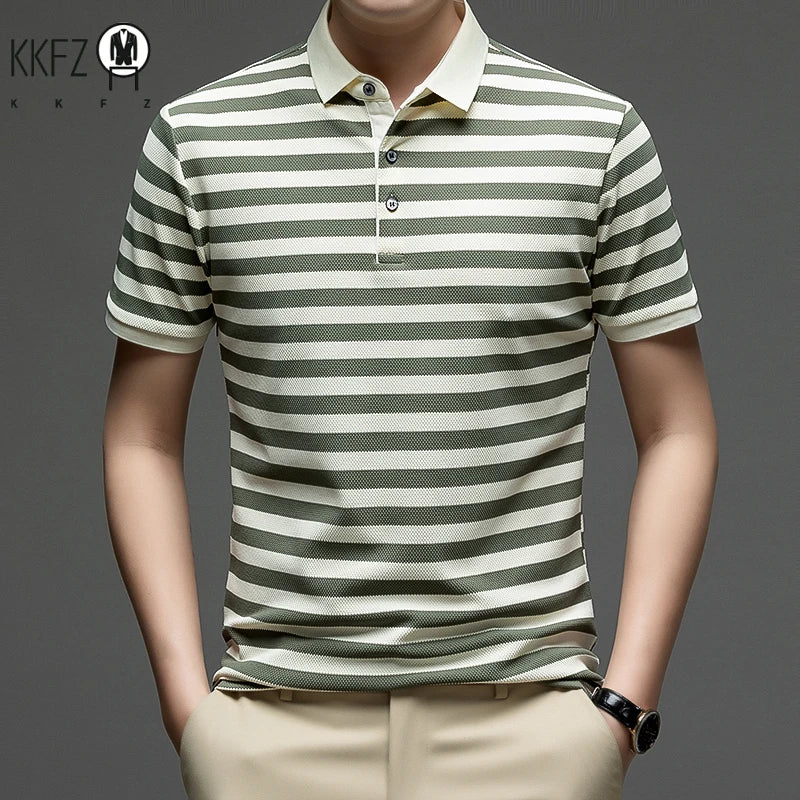 Mens Summer Striped Polo Shirt Short Sleeve Lightweight Breathable Collared Casual Top For Men