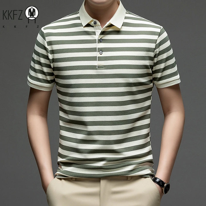 Mens Summer Striped Polo Shirt Short Sleeve Lightweight Breathable Collared Casual Top For Men