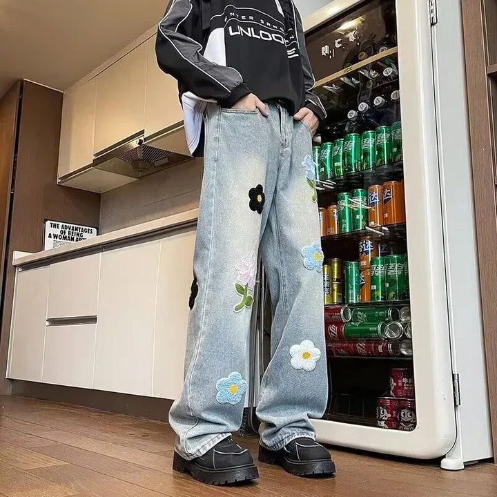 Y2K Vintage Flower Embroidered Jeans For Men High Street Baggy Straight Wide Leg Denim Pants Autumn Design Hip Hop Fashion Jean ATFH