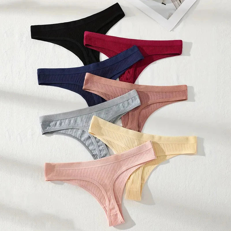 7Pcs Women's Thongs Panties Cotton Striped Underwear Sexy Women Lingerie Solid Intimates Comfort Panty Soft Hot G-Strings XS-XXL