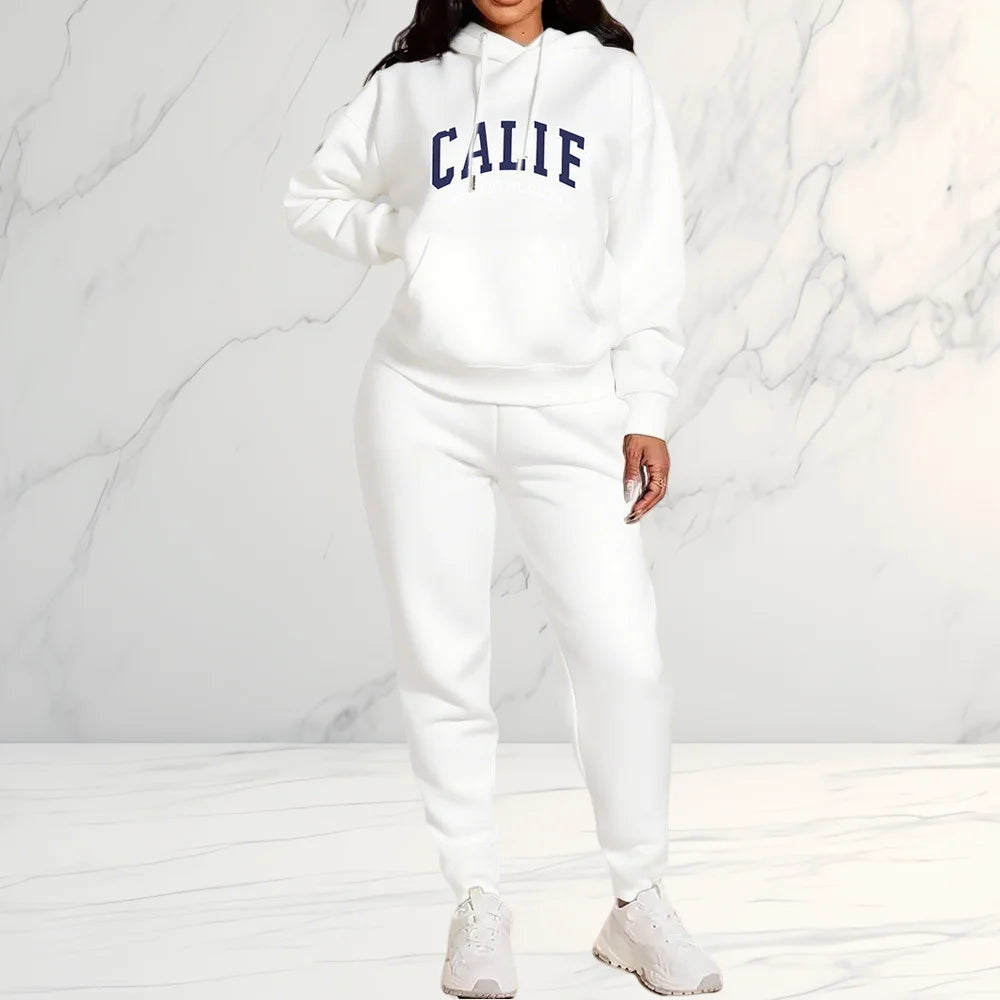 2026 Women's Fleece-Like Hooded Sweatshirt & Joggers Set Print Polyester Lounge Set Matching Sets All-Season Comfort Pant Sets - ATFH