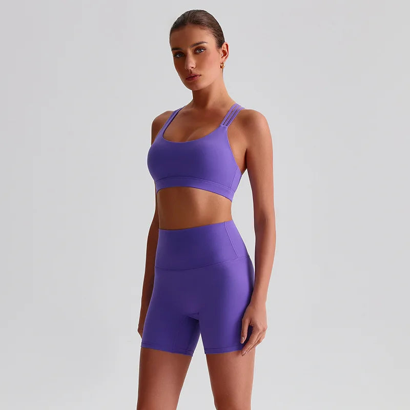 Women's Seamless Yoga Set Quick-Dry Sexy Backless Sportswear Bra High-waisted Shorts Outdoor Running Gym Fitness Workout Outfit - ATFH