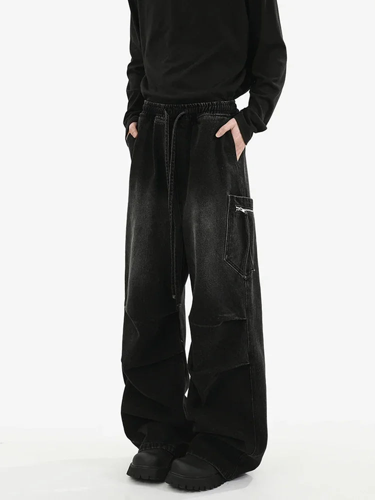 Autumn High Street Pleated Cargo Jeans For Men Pocket Straight Wide-leg Denim Pantalones Hombre Hip Hop Fashion Y2K Baggy Jean ATFH