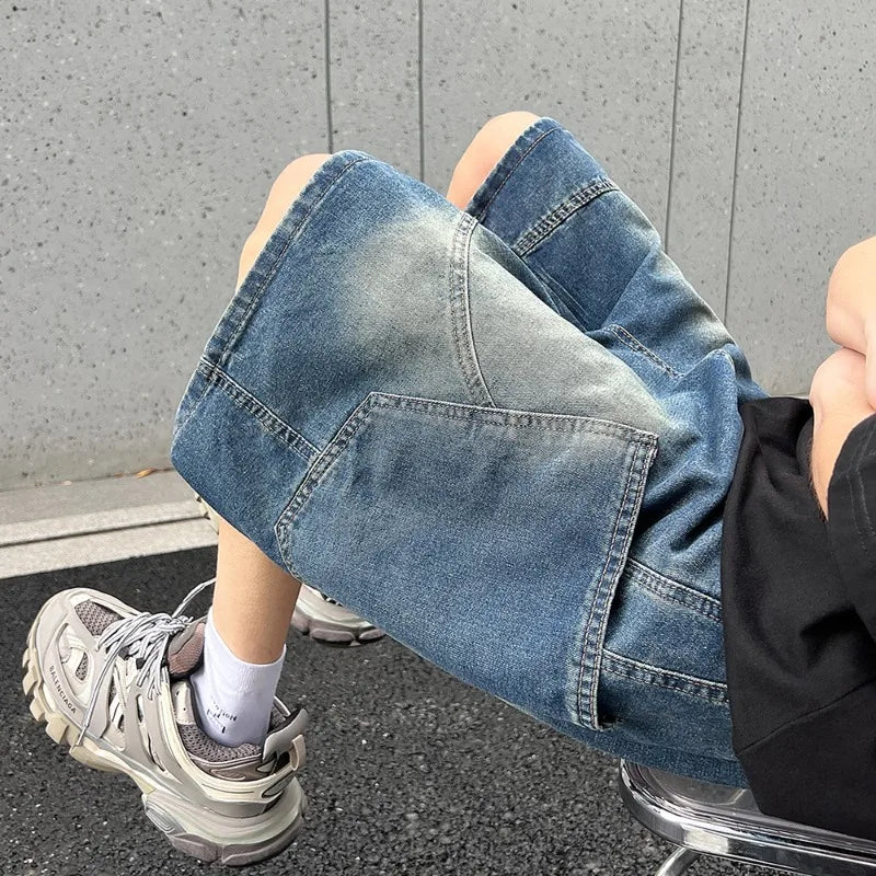 Summer New Baggy Denim Shorts Fashion Casual Straight Harajuku Jeans Male Vintage Wash Drawstring Short Pants Streetwear ATFH