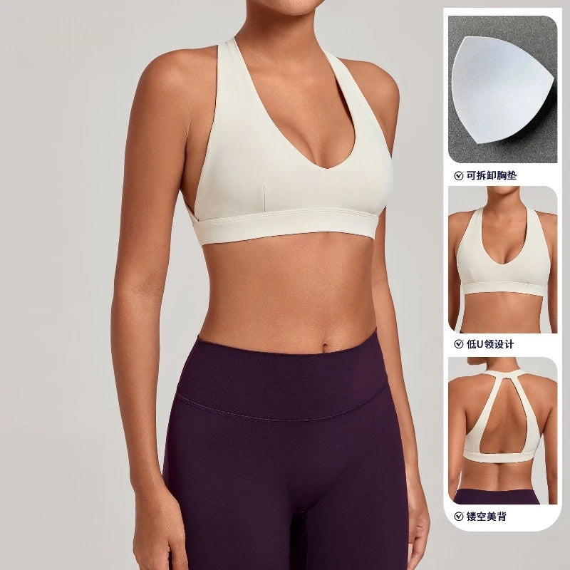 New Samless Women's Gym Workout Sports Bras Gathering Anti-Shake Halter Strap Yoga Bra Tight Outdoor Sports Running Fitness Top - ATFH