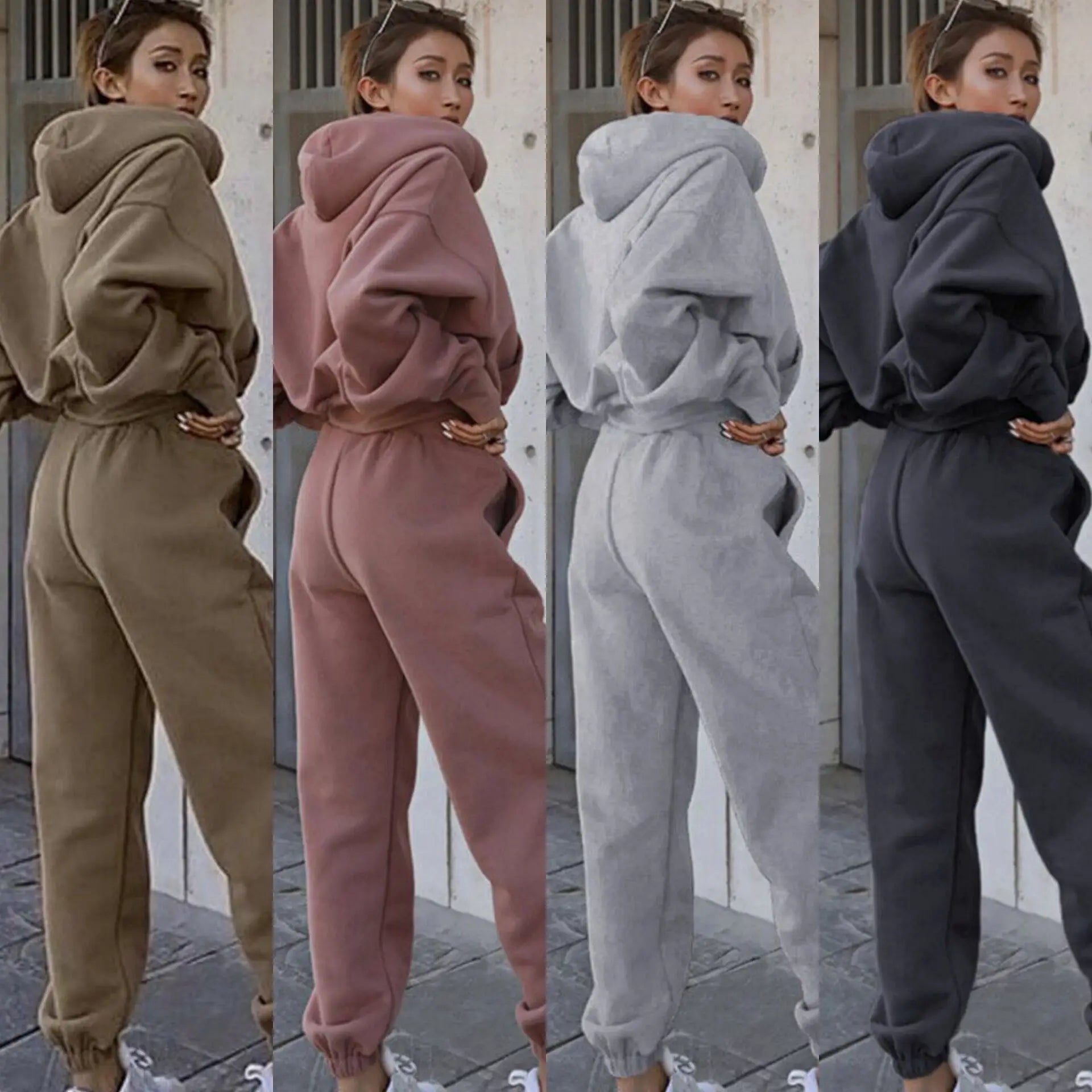 Two Piece Set Women Hooded Sweatshirt Pant Sets Solid Full Sleeve Thick Tops Pullover Pockets Midi Waist Trousers Sporty Suit