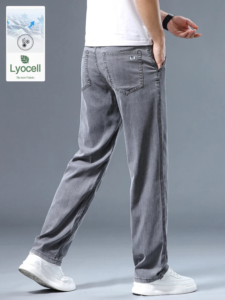 Summer Thin Men's Loose Straight Jeans Lyocell Soft Drape Business Casual Trousers Classic Smoke Gray Brand Ice Silk Pants ATFH